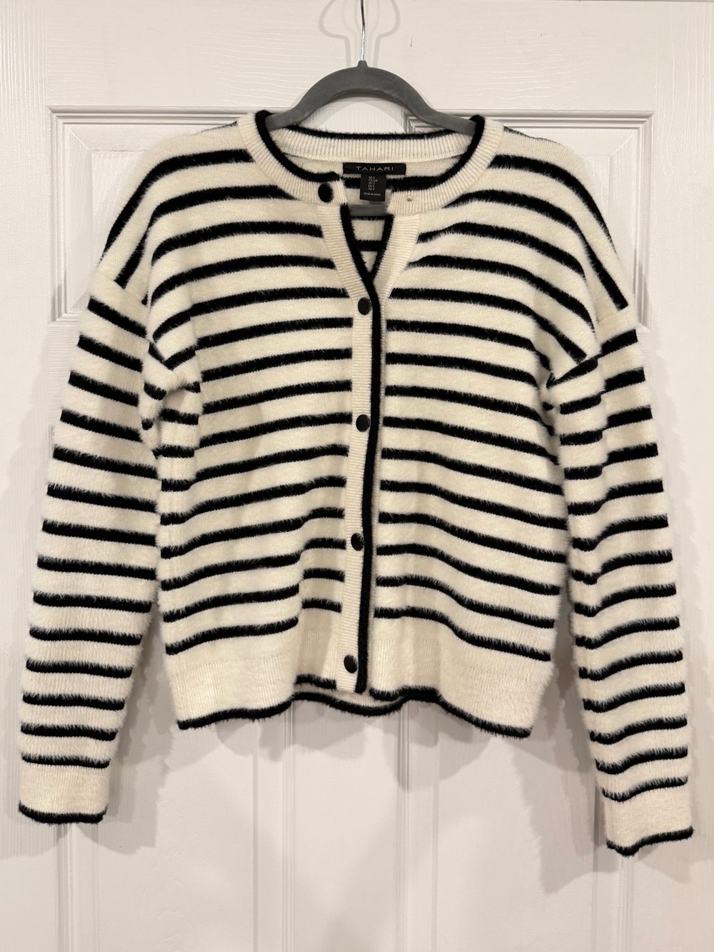 Tahari Black & White Striped Fuzzy Button Cardigan Size Small
